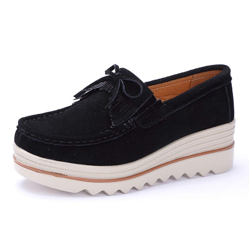 Ruiatoo Women Loafers & Slip-ons Platform Comfort Suede Low Top Moccasins with Tassel Casual Platform Dress Shoes (2017,Black 37) - Image 1